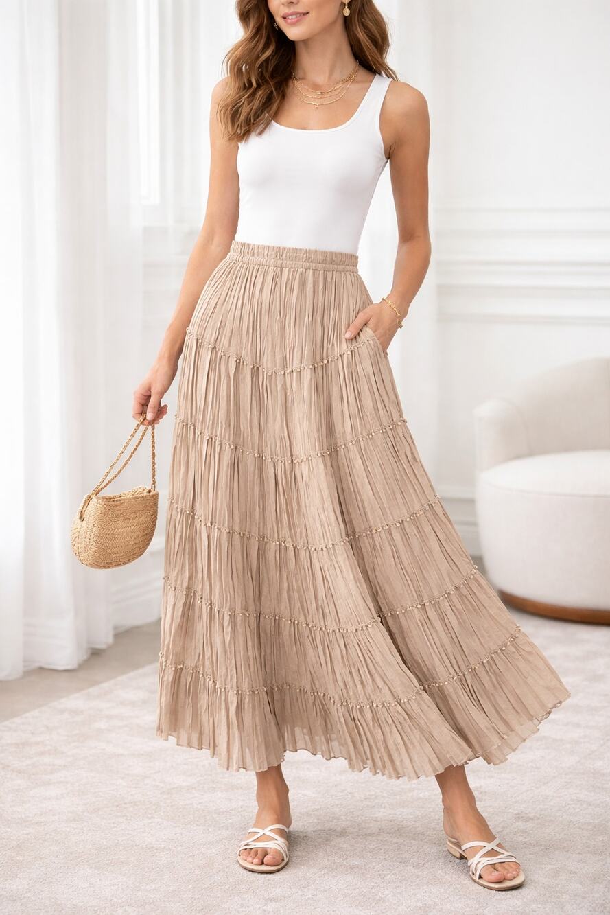 Allison Taylor Tiered Pleated Maxi Skirt Beige Beaded Elastic Waist Size Large